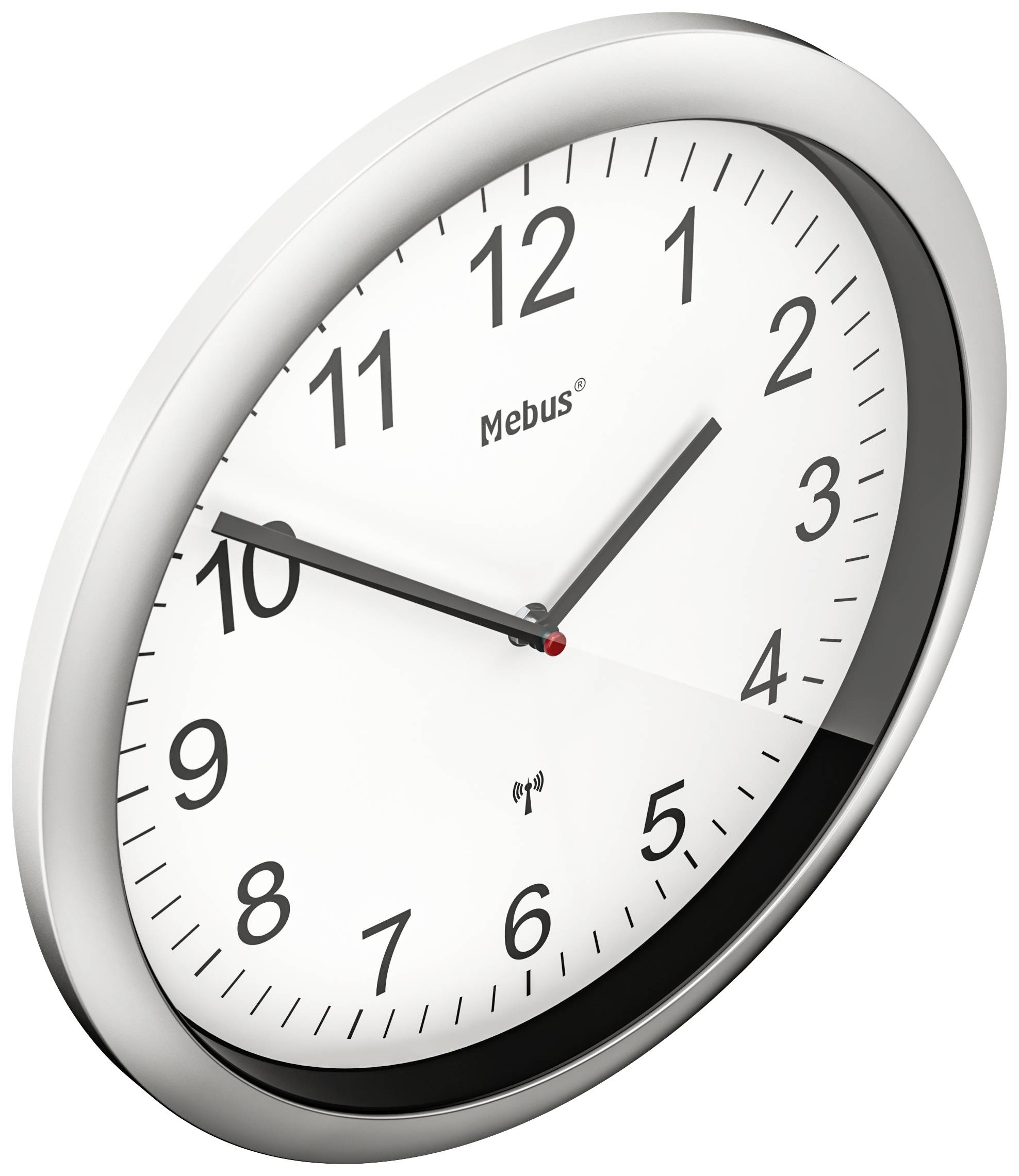 Analógové nástenné hodiny ukazujú 10:09. Ciferník je biely s čiernymi číslami a dvoma ručičkami.