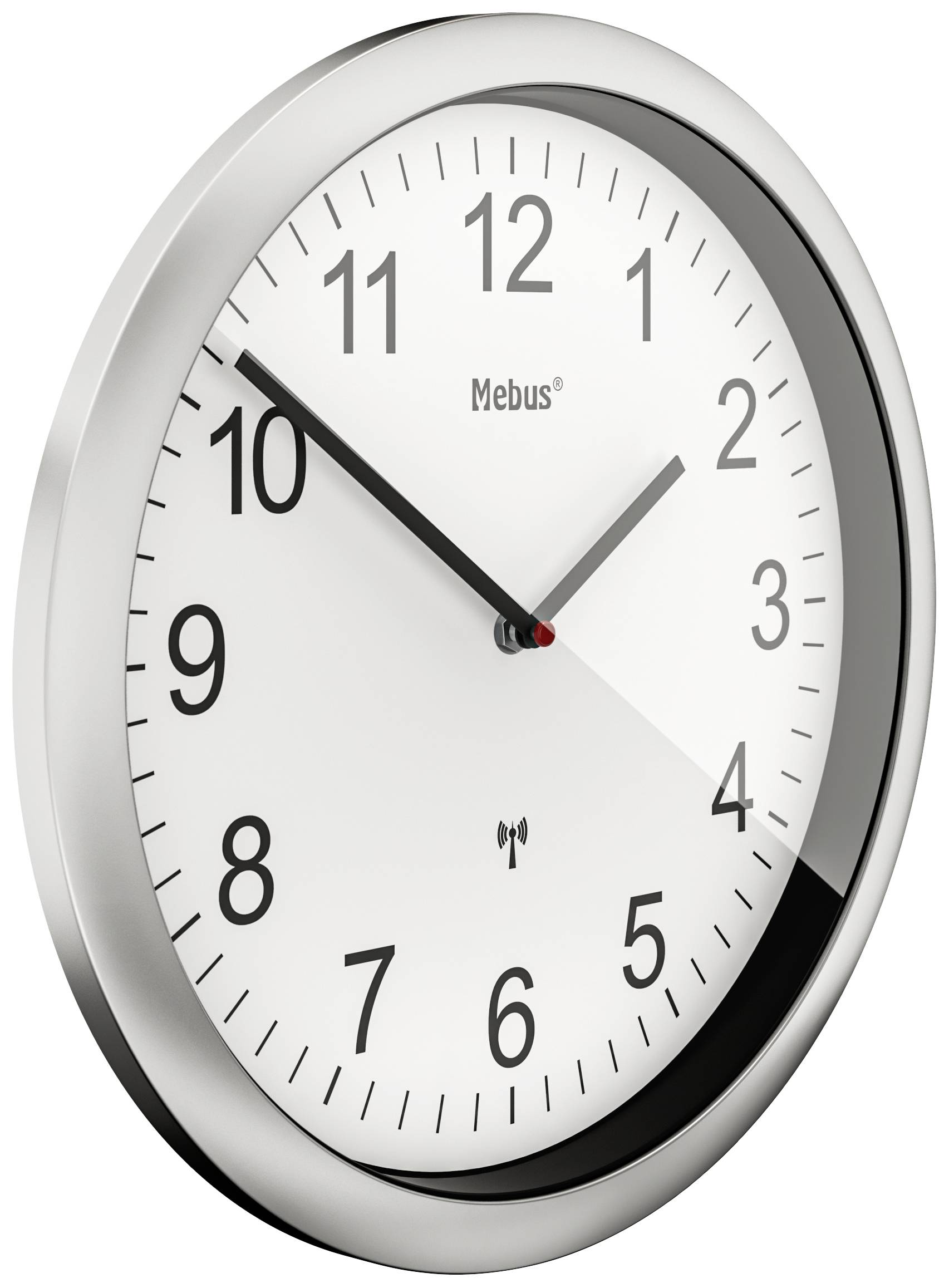 Analógové nástenné hodiny so strieborným lemom ukazujú 10:10.