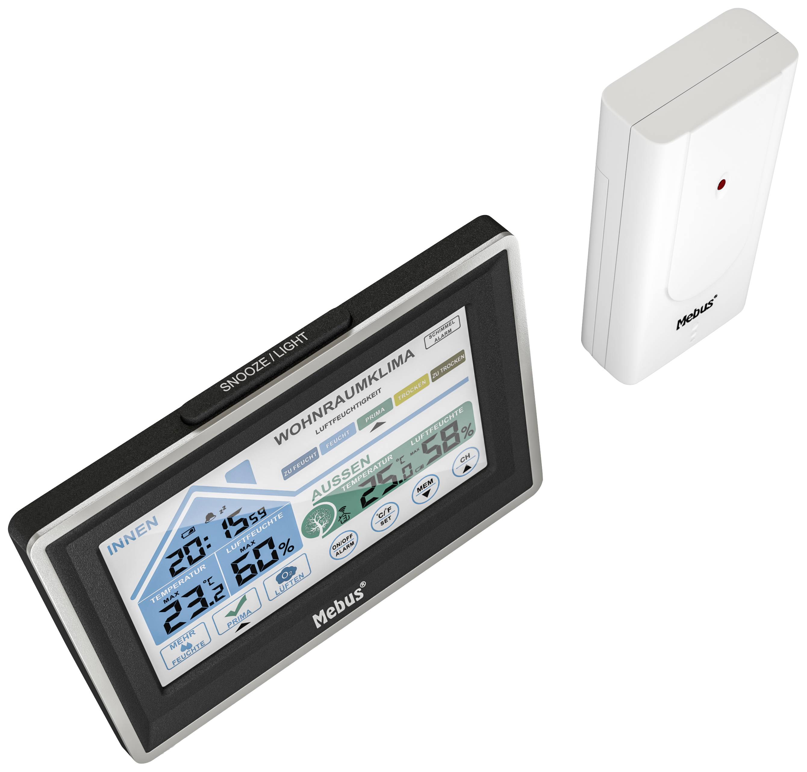Digitálny teplomer a vlhkomer s LCD displejom pre vnútornú a vonkajšiu teplotu a vlhkosť, s externým senzorom.