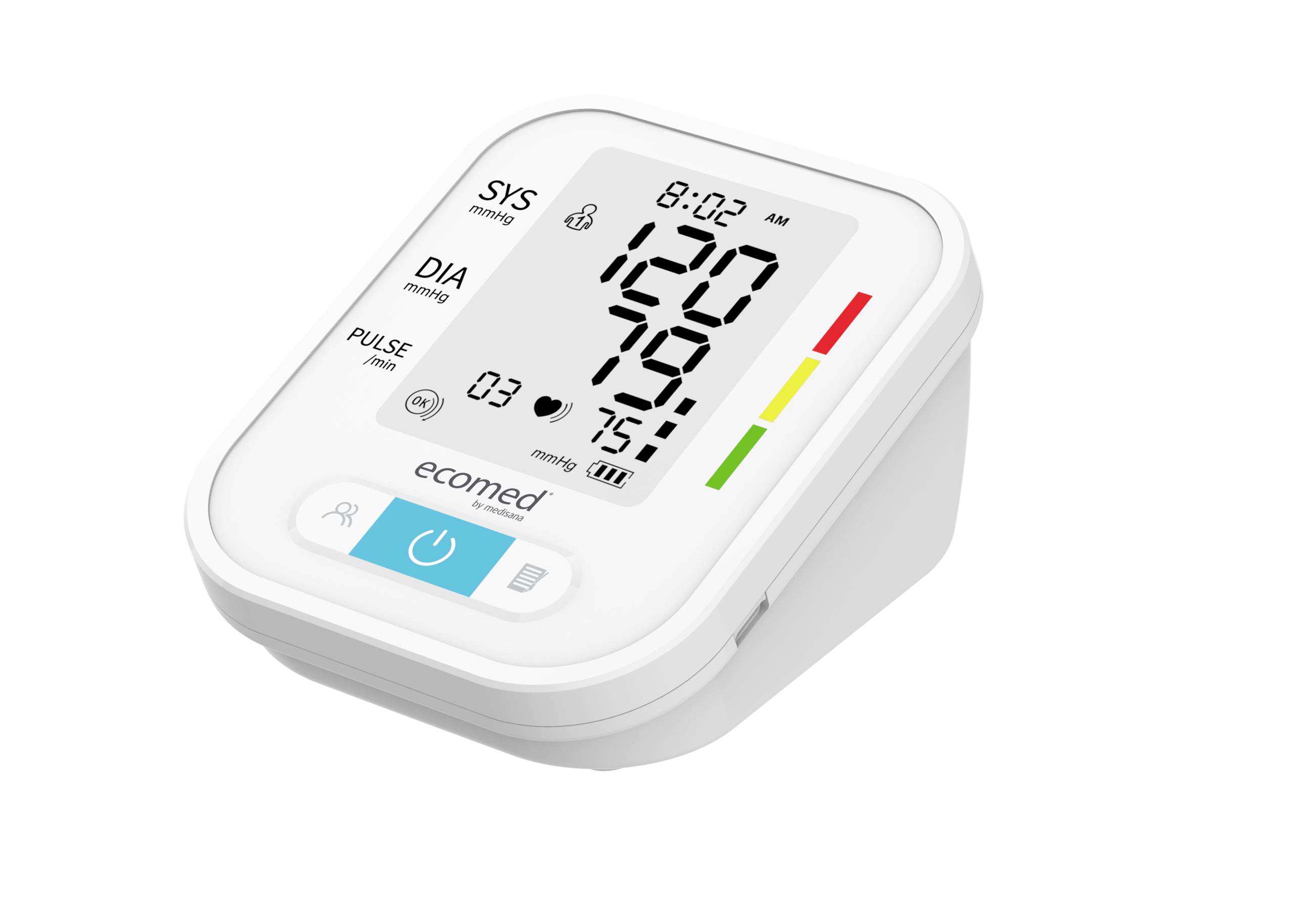 Biele tlakomer ukazuje systolickú hodnotu 120, diastolickú 79 a pulz 75. Vpravo hore je zobrazený čas 8:02.