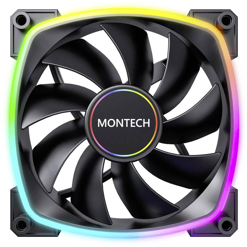 Počítačový ventilátor s čiernym krytom. Lemovaný žiariacimi LED diódami v dúhových farbách. Logo 'MONTECH' uprostred.