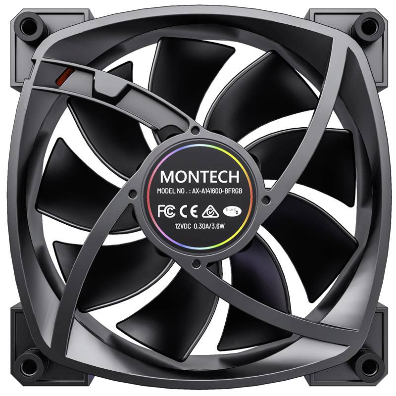 Čierny počítačový ventilátor od Montechu s RGB podsvietením, model AX-14060-BFRGB, určený na chladenie v počítačoch alebo elektronických zariadeniach.