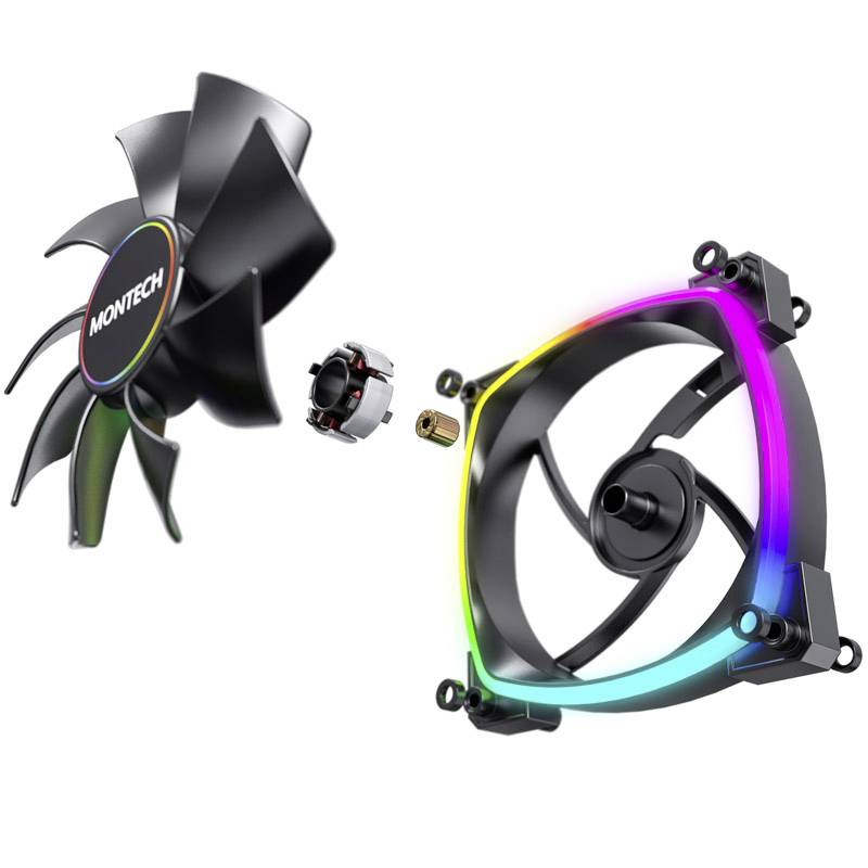 Rozobratý počítačový ventilátor s RGB podsvietením odhaľuje lopatky rotora, rám a centrálne spojovacie časti.