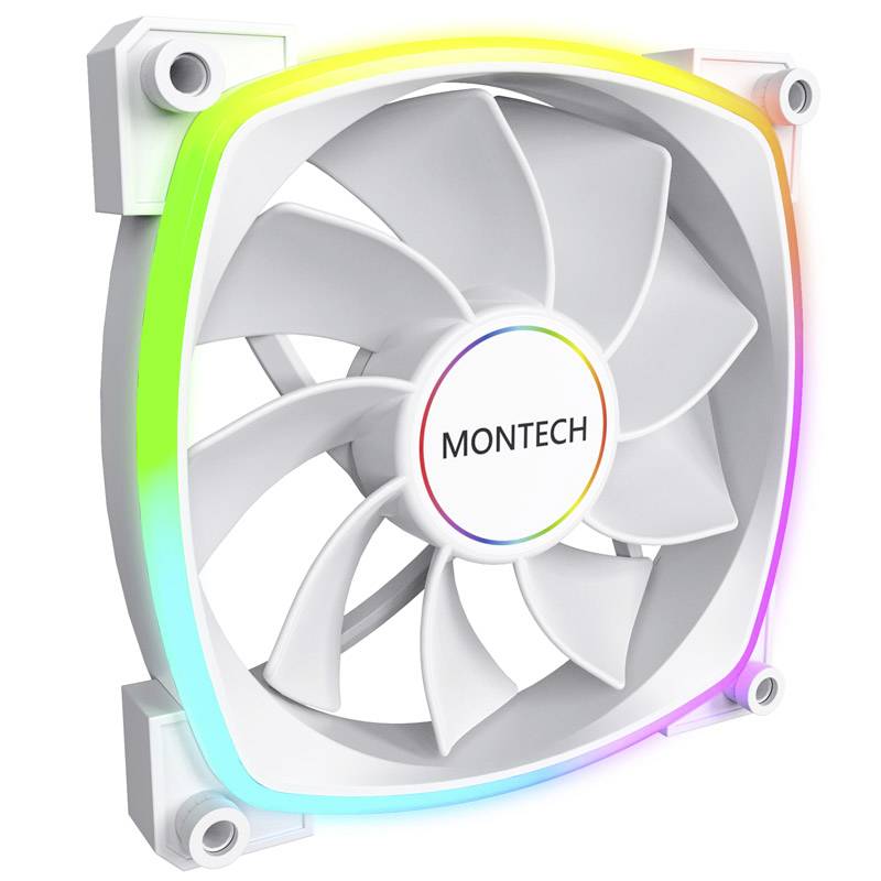 Ventilátor s bielymi krídlami a RGB podsvietením na okrajoch, s logom 'MONTECH' v strede; vhodný pre chladenie počítača.