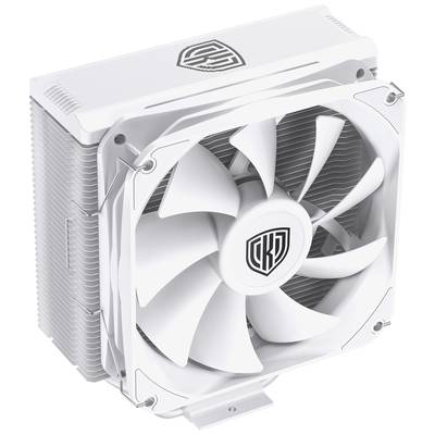 Biely CPU chladič so vzduchovým chladením, veľkým ventilátorom a rebrovým chladičom. Firemné logo na hornej strane. Vysoko kvalitný, funkčný dizajn.