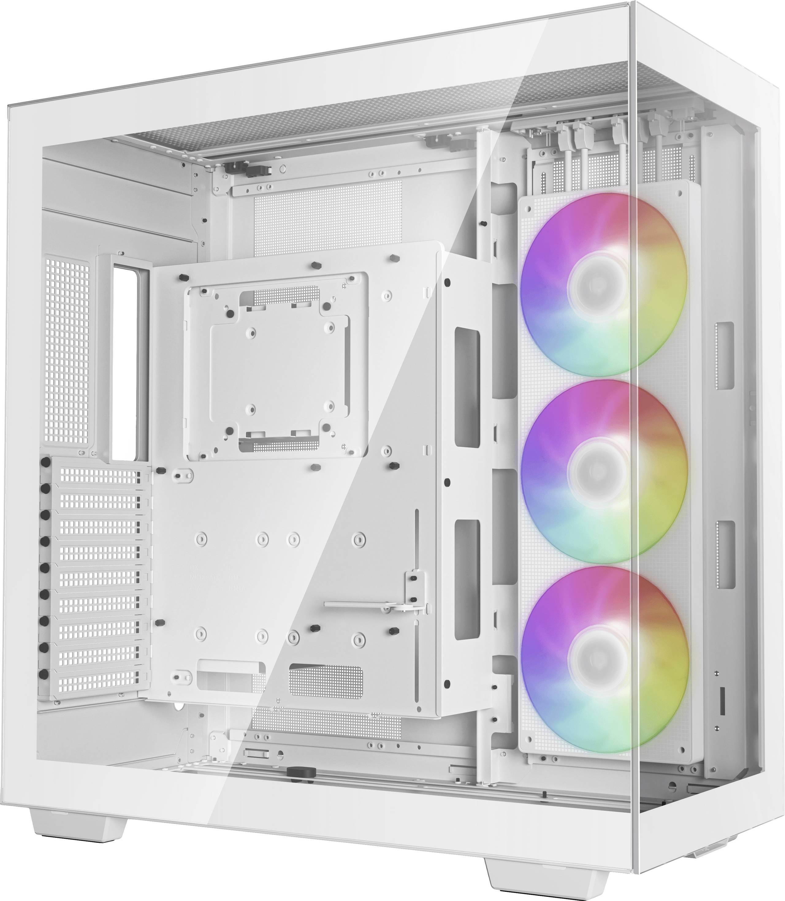 Biele PC púzdro so skleným oknom zobrazuje tri vertikálne usporiadané ventilátory s RGB podsvietením.