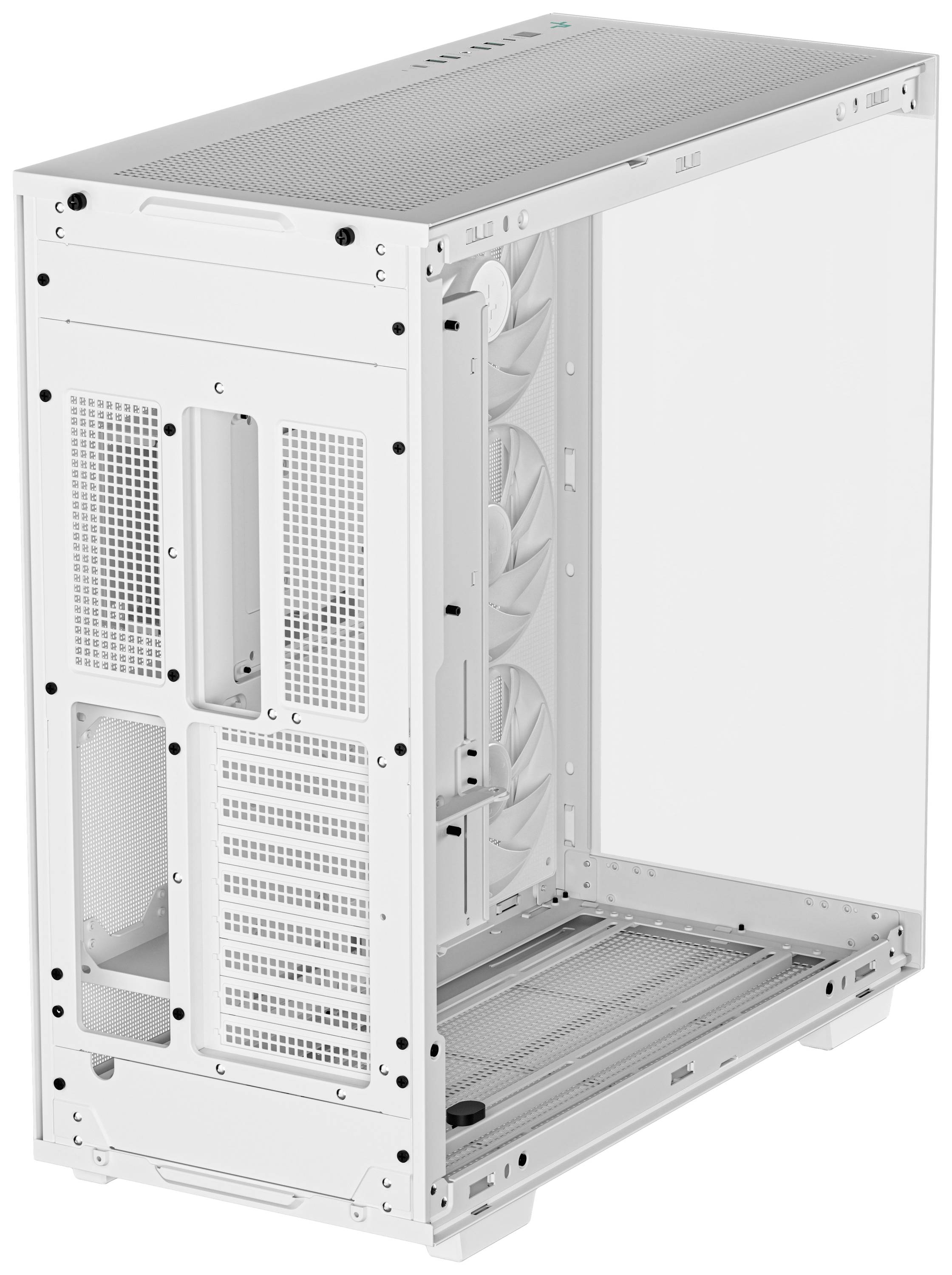 Biele PC púzdro bez bočných krytov, s namontovanými ventilátormi na chladenie. Viditeľné ventilátory na prednej a hornej strane pre vetranie.