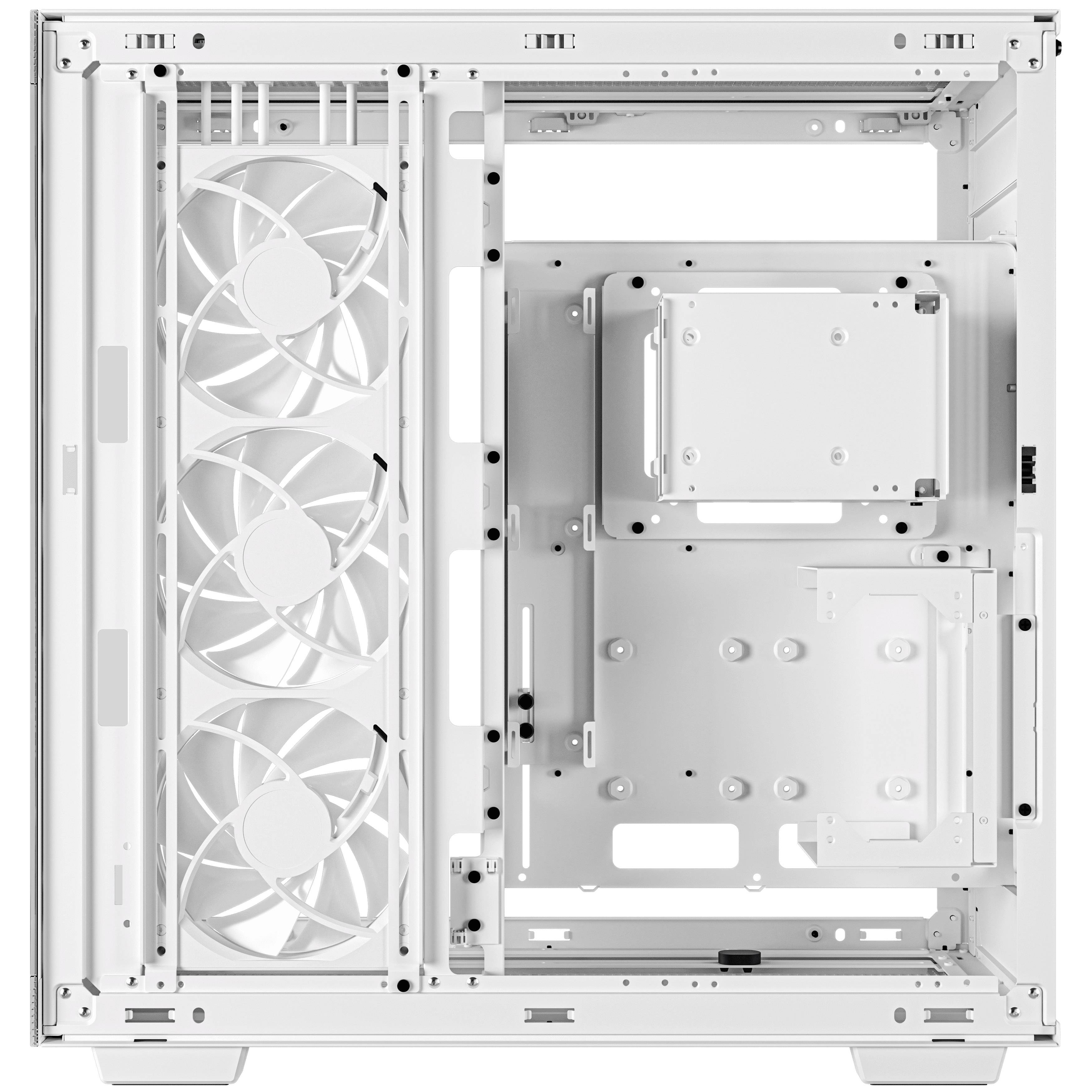 Biele PC púzdro, otvorené, s troma veľkými ventilátormi na boku. Poskytuje priestor pre základnú dosku a ďalšie hardvérové komponenty.
