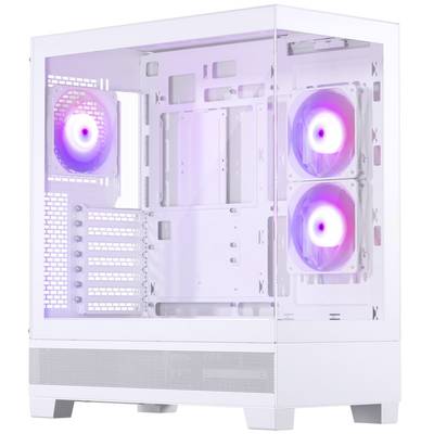 Biele PC puzdro s bočným oknom, osvetlené troma RGB ventilátormi v purpurovej a modrej farbe, odhaľuje internú štruktúru počítača.