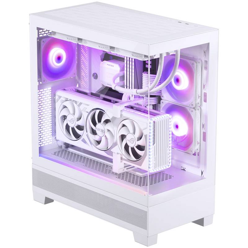 Biely počítačový chassis s viditelnými ventilátormi a veľkou grafickou kartou. Vnútri svietia LED svetlá v ružovej a fialovej farbe.
