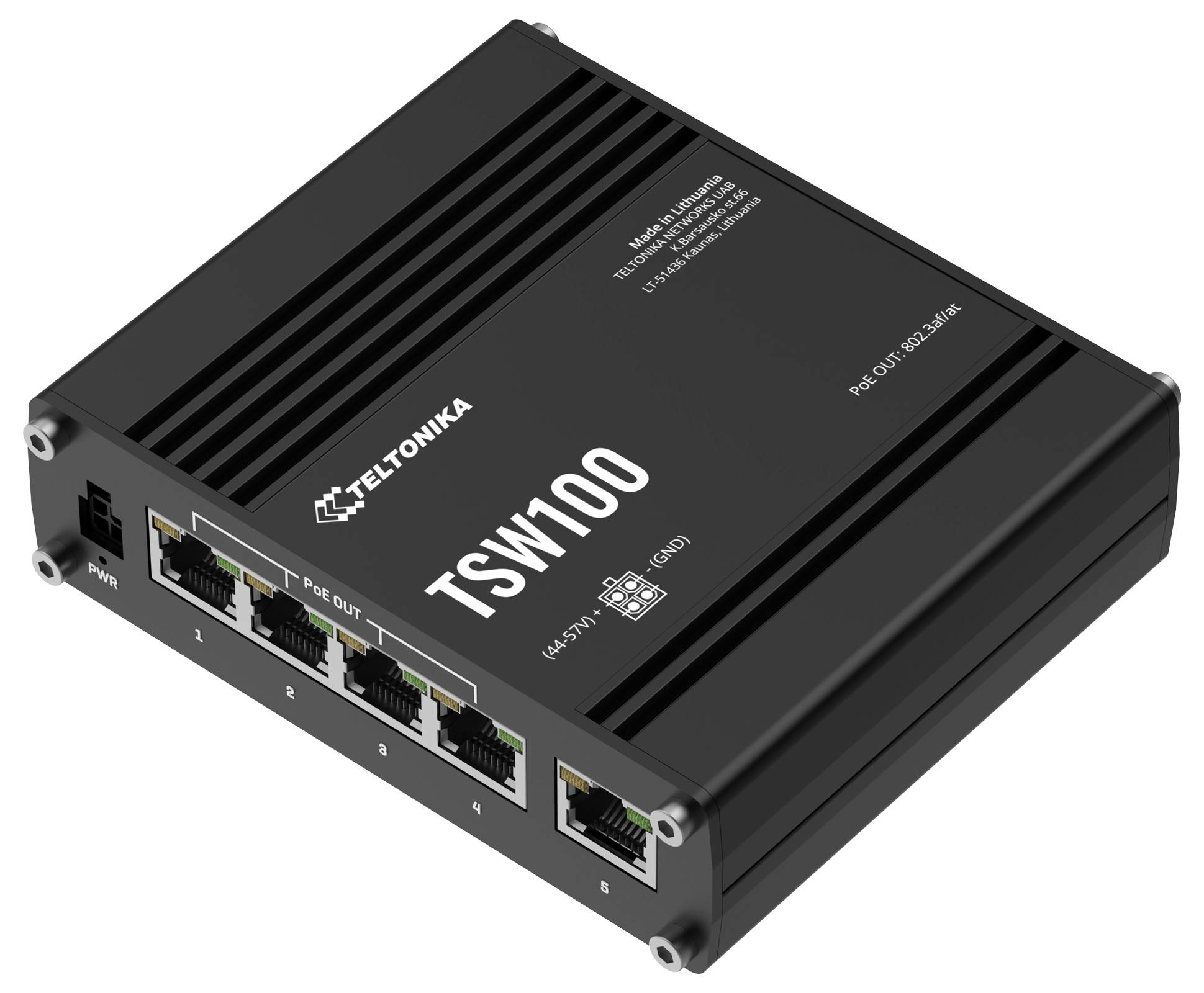 Sieťový prepínač Teltonika, model TSW100, s piatimi ethernetovými portami, vhodný pre PoE aplikácie.