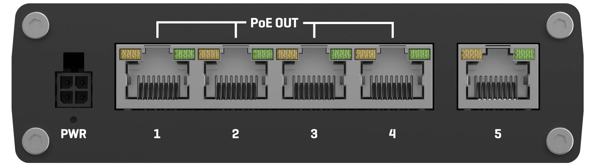 Sieťový prepínač s označením 'TELTONIKA TSW100' má štyri ethernetové porty a je napájaný cez PoE.