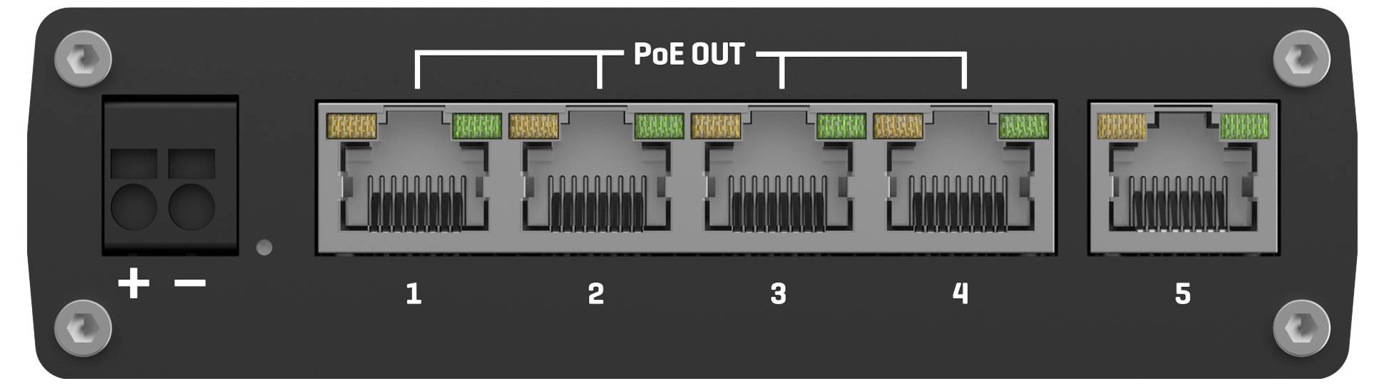 Strieborný sieťový switch s nápisom 'TSW101', päť ethernetových portov na prednej strane.