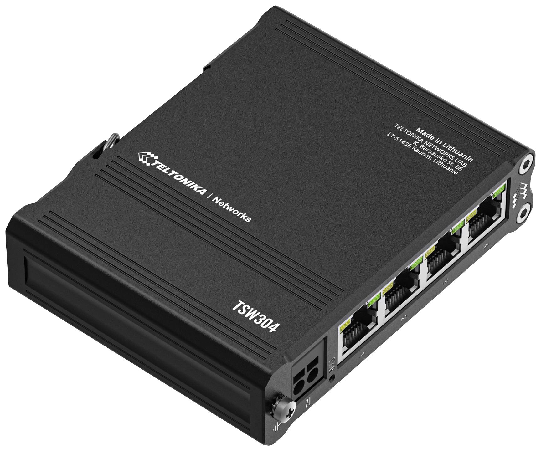 Čierny sieťový switch značky Teltonika, model TSW304 so štyrmi ethernetovými portami.