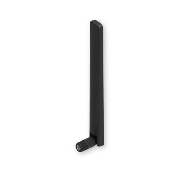 Čierna WiFi anténa s nastaviteľným kĺbom. Je vertikálne orientovaná a slúži na zosilnenie WiFi signálov.