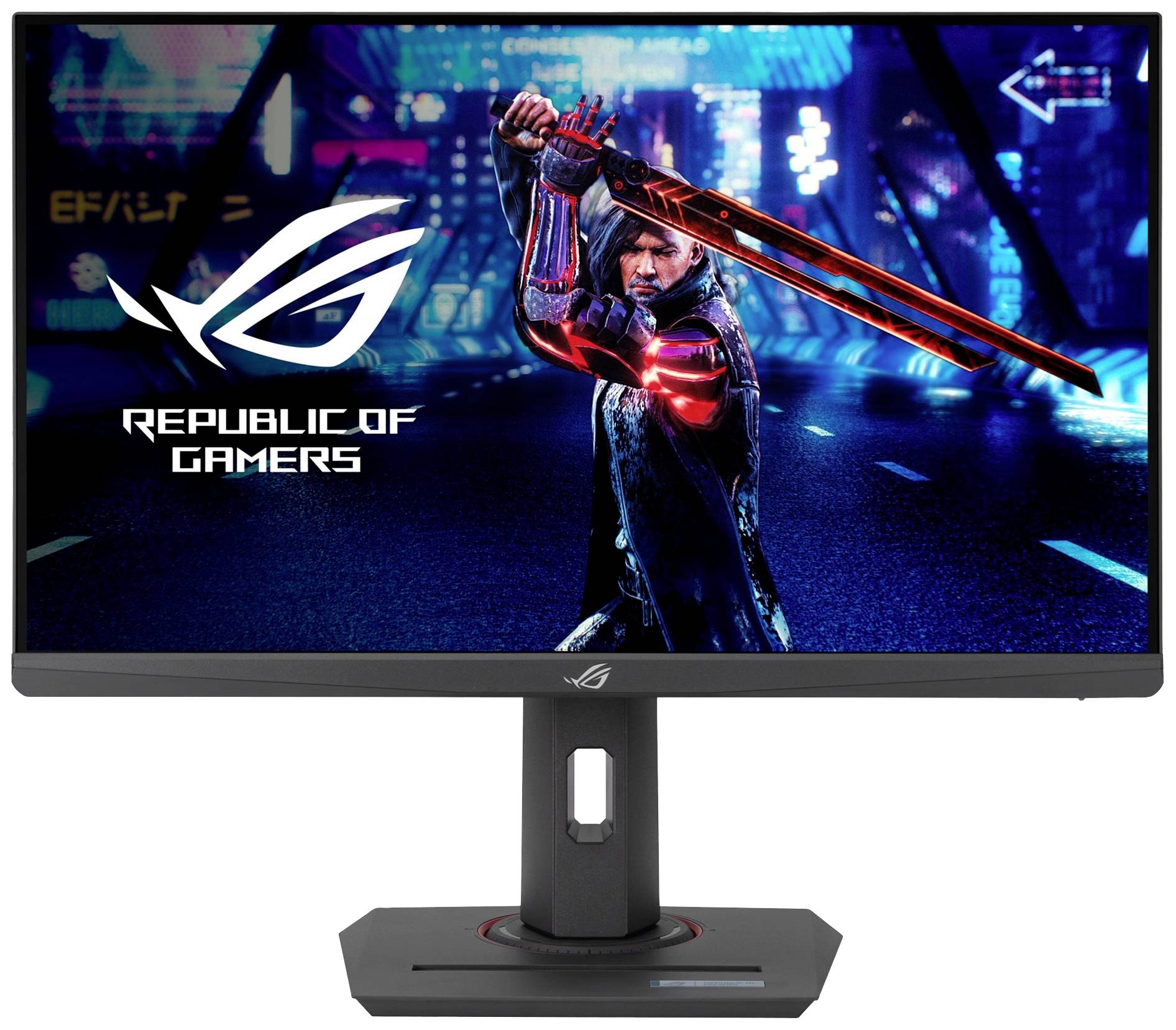 Obraz monitora Asus s futuristickou hernou postavou s mečom na obrazovke, logo ROG je viditeľné.