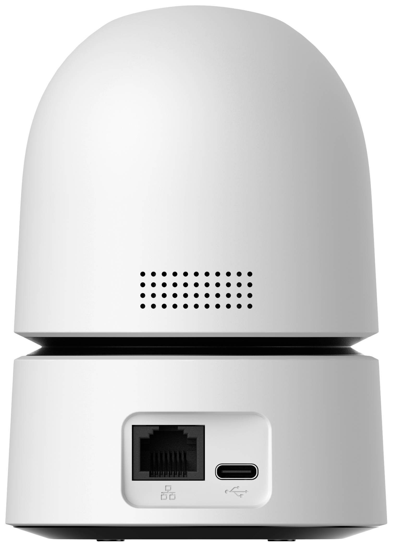 Biela bezpečnostná kamera s ethernetovým a USB-C portmi na zadnej strane.
