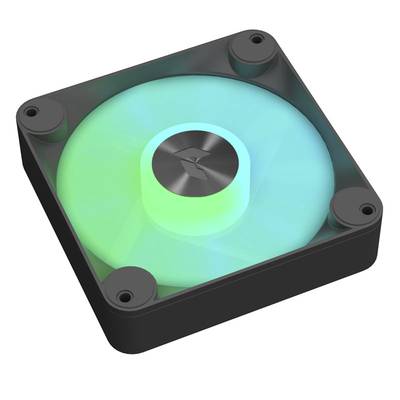 Štvorcový počítačový ventilátor so svietiacimi RGB farbami v modrej a zelenej, centrálne namontovaný v čiernom ráme.
