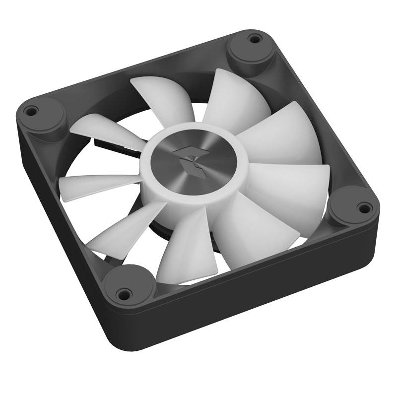 Ventilátor s čiernym krytom a bielymi lopatkami, typický pre chladiace systémy počítačov.
