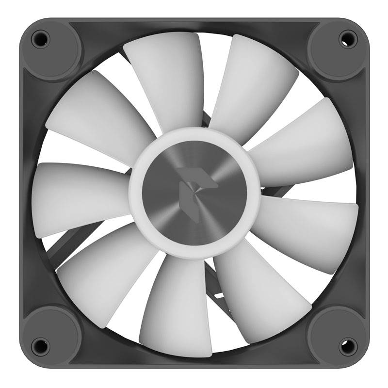 Biely ventilátor s deviatimi listami v obdĺžnikovom tmavosivom ráme. Ventilátor je zobrazený spredu.