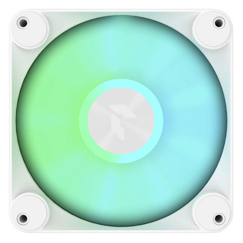 Štvorcový panel so svetelným, viacfarebným LED displejom v strede, obklopený štyrmi okrúhlymi upevňovacími prvkami.