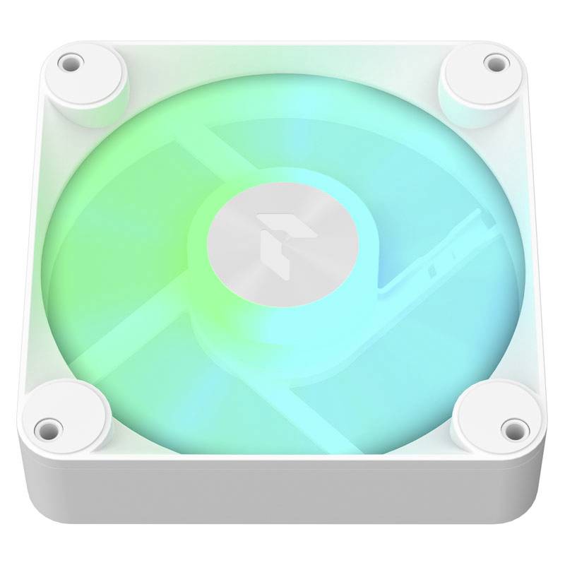 Štvorcové zariadenie s výrazne zeleným, kruhovým ventilátorom v strede, obklopené bielym rámom so štyrmi upevňovacími bodmi v rohoch.