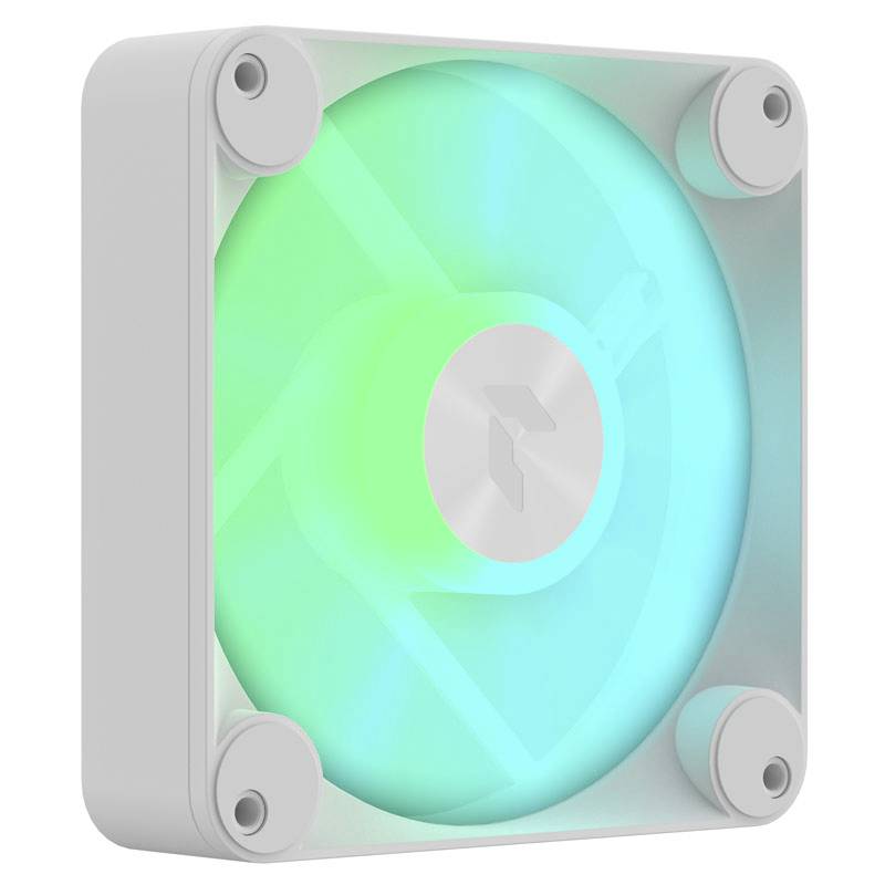 Štvorcový sivý ventilátor svieti jasnou tyrkysovou farbou.