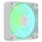 Štvorcový sivý ventilátor svieti jasnou tyrkysovou farbou.
