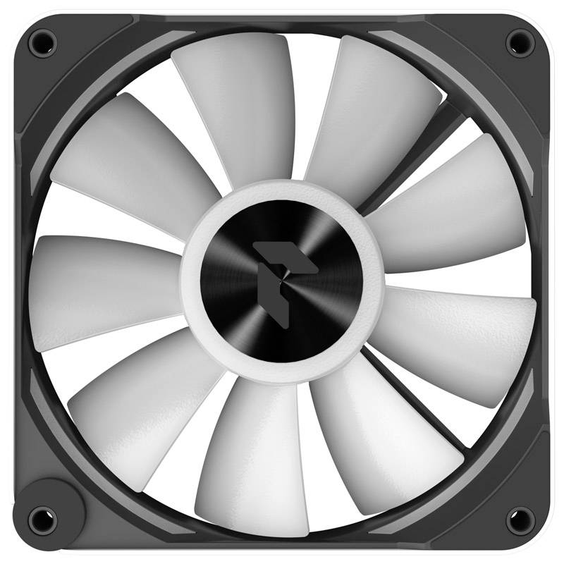 Počítačový ventilátor s dvanástimi bielymi krídlami v čiernom ráme, pravdepodobne určený na chladenie elektronických zariadení.