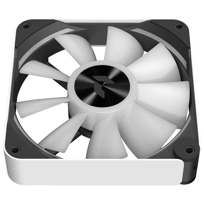 Uprostred je viditeľný biely, štvorcový počítačový ventilátor s čiernymi rohmi a ôsmimi zakrivený mi lopatkami.