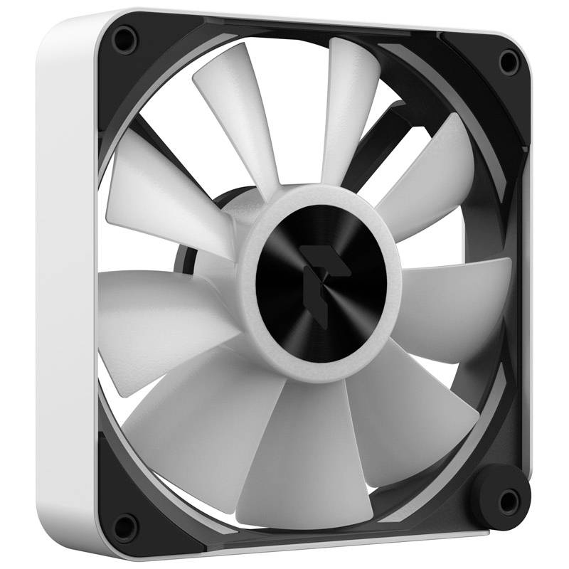 Štvorcový počítačový chladiaci ventilátor s deviatimi bielymi krídlami v bielom ráme.