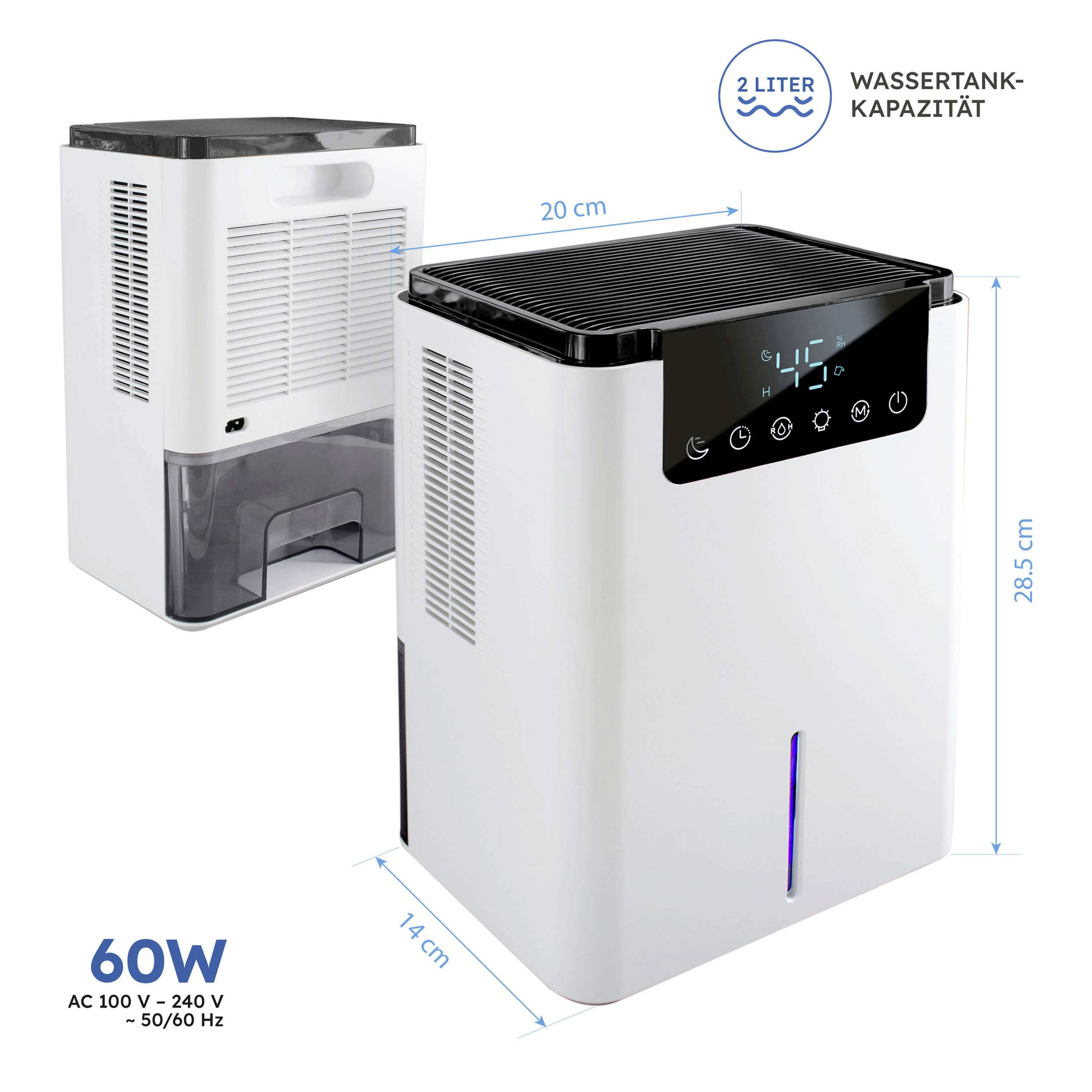 Stredne veľký odvlhčovač, 2-litrová nádrž na vodu, 60W výkon. Rozmery: 20 cm šírka, 28,5 cm výška, 14 cm hĺbka. Digitálny displej.