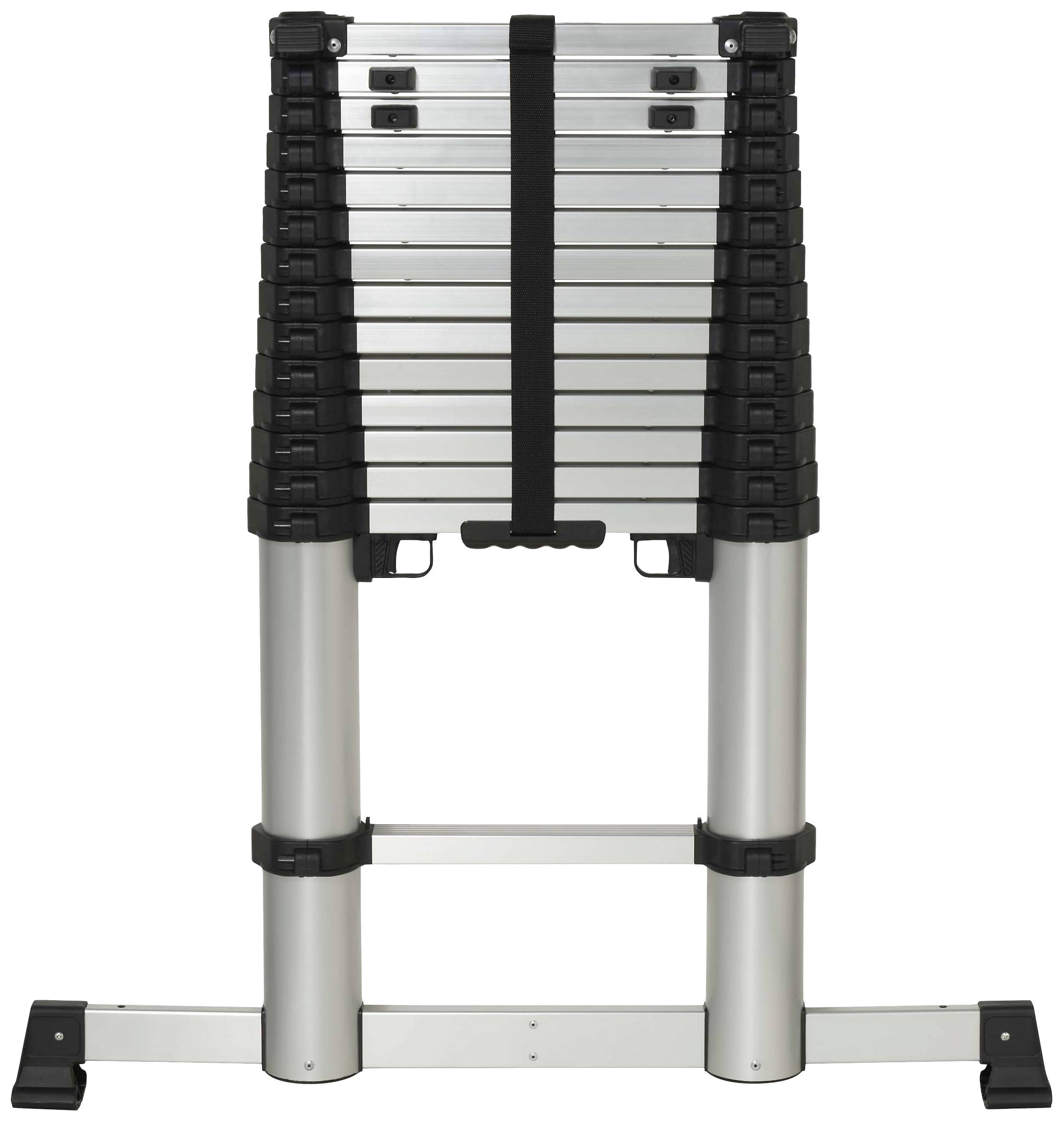 Kovový teleskopický rebrík, zložený, s dvoma širokými stupňami v spodnej časti. Vhodný pre úsporné uskladnenie a práce vo výškach.