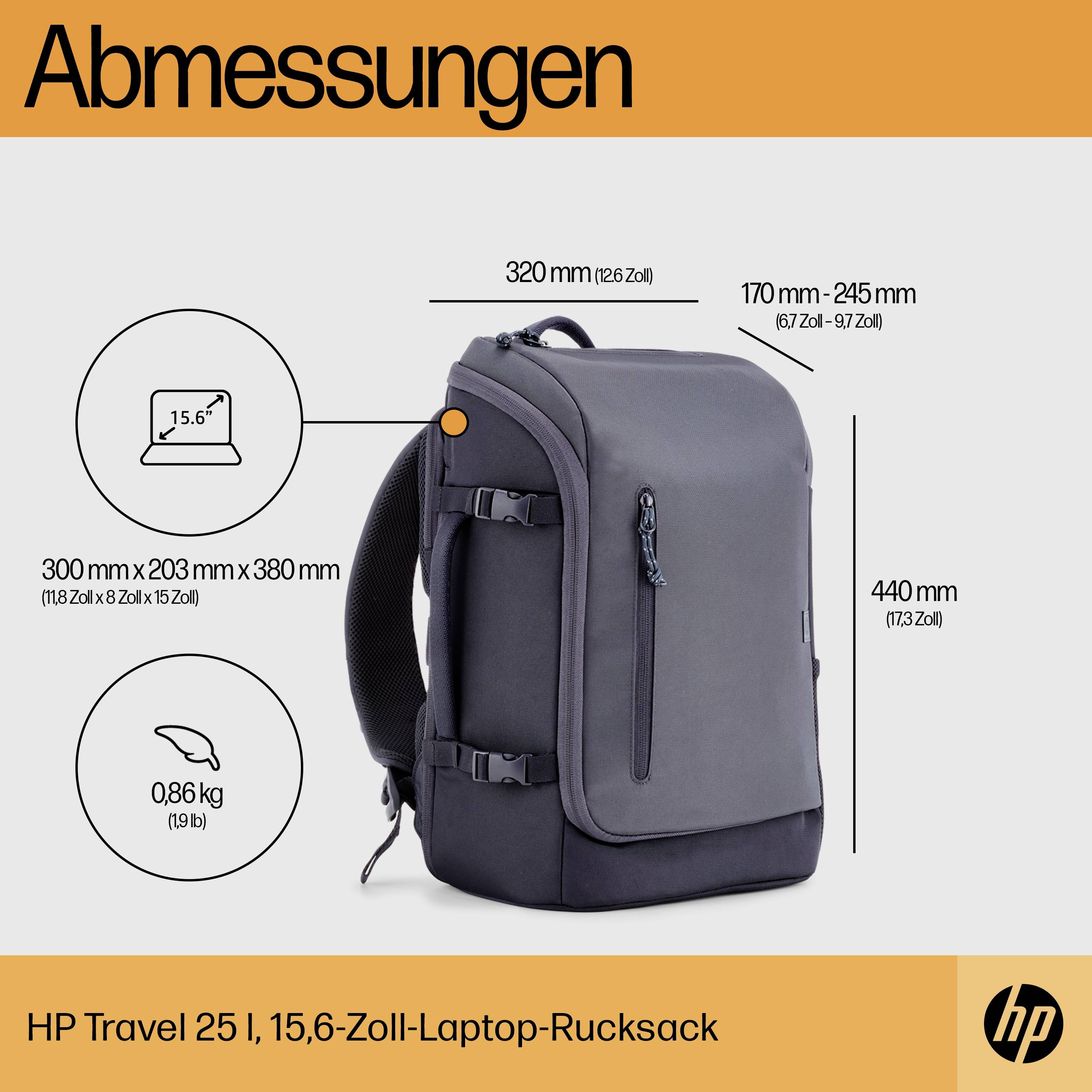 Rozmery a hmotnosť batohu HP Travel 25 l pre 15,6-palcový notebook: 320 mm x 170-245 mm x 440 mm, hmotnosť 0,86 kg.