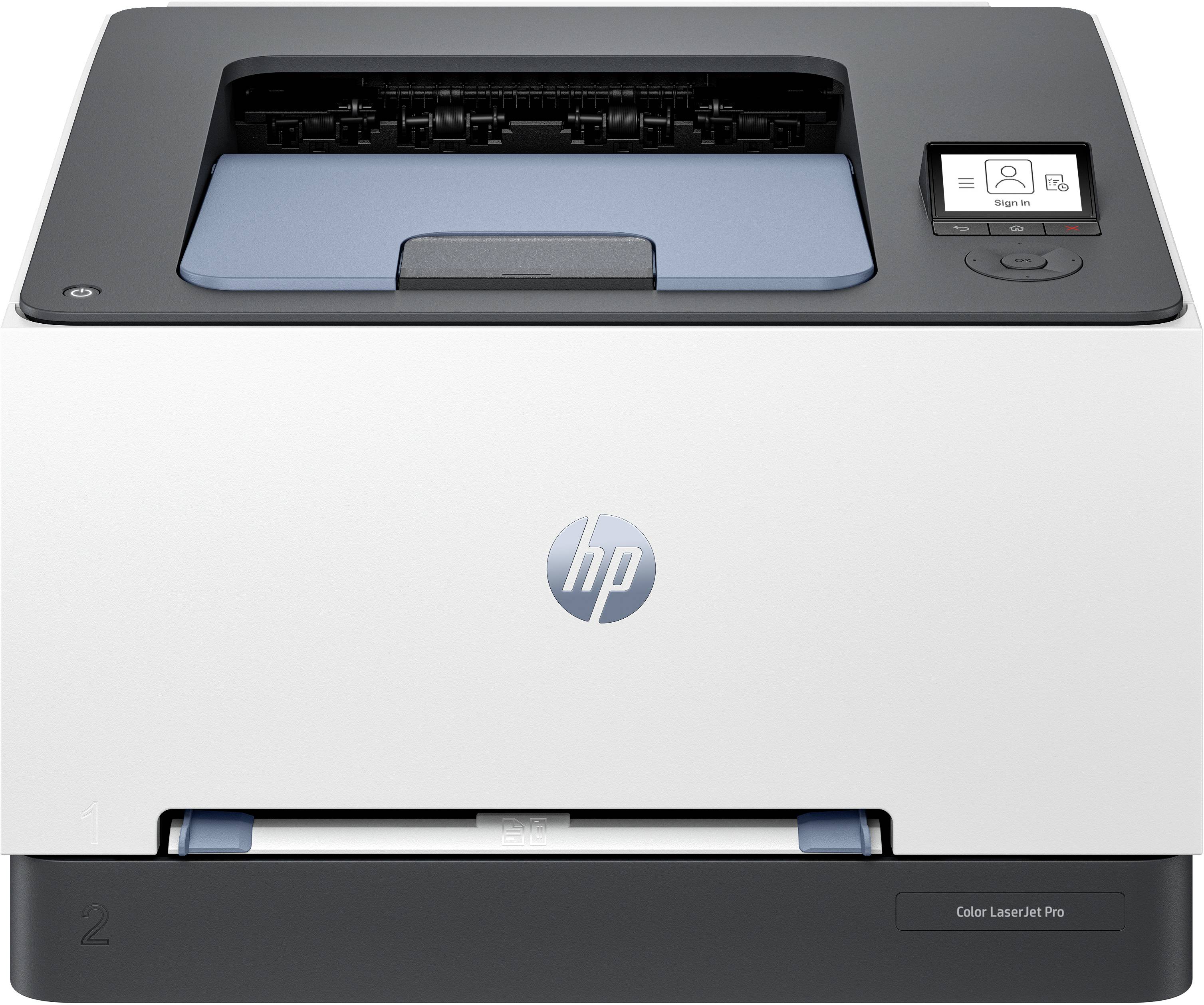Predný pohľad na tlačiareň HP Color LaserJet Pro s viditeľnou papierkovou podnosom a ovládacím panelom.
