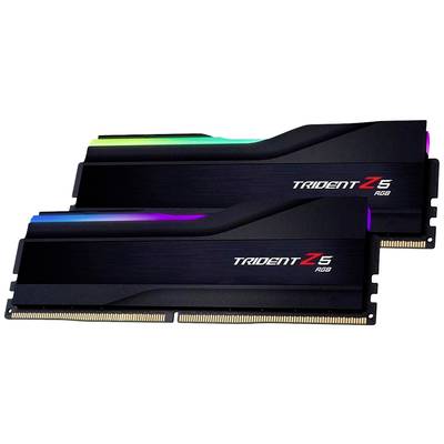 Dva RAM moduly s označením 'Trident Z5 RGB', čierne so svietiacimi diódami dúhových farieb, určené na rozšírenie počítačovej pamäte.