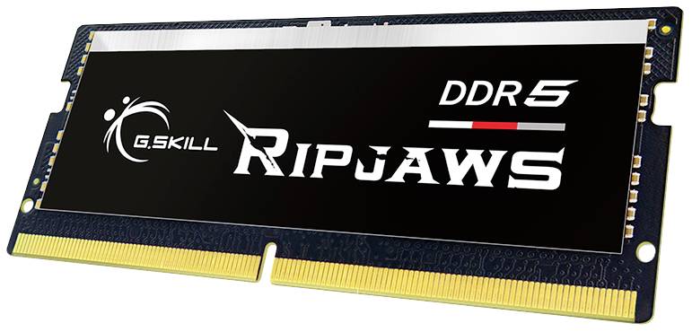 Pamäťový modul G.SKILL, model 'Ripjaws DDR5', s čiernym chladičom a logom v popredí.