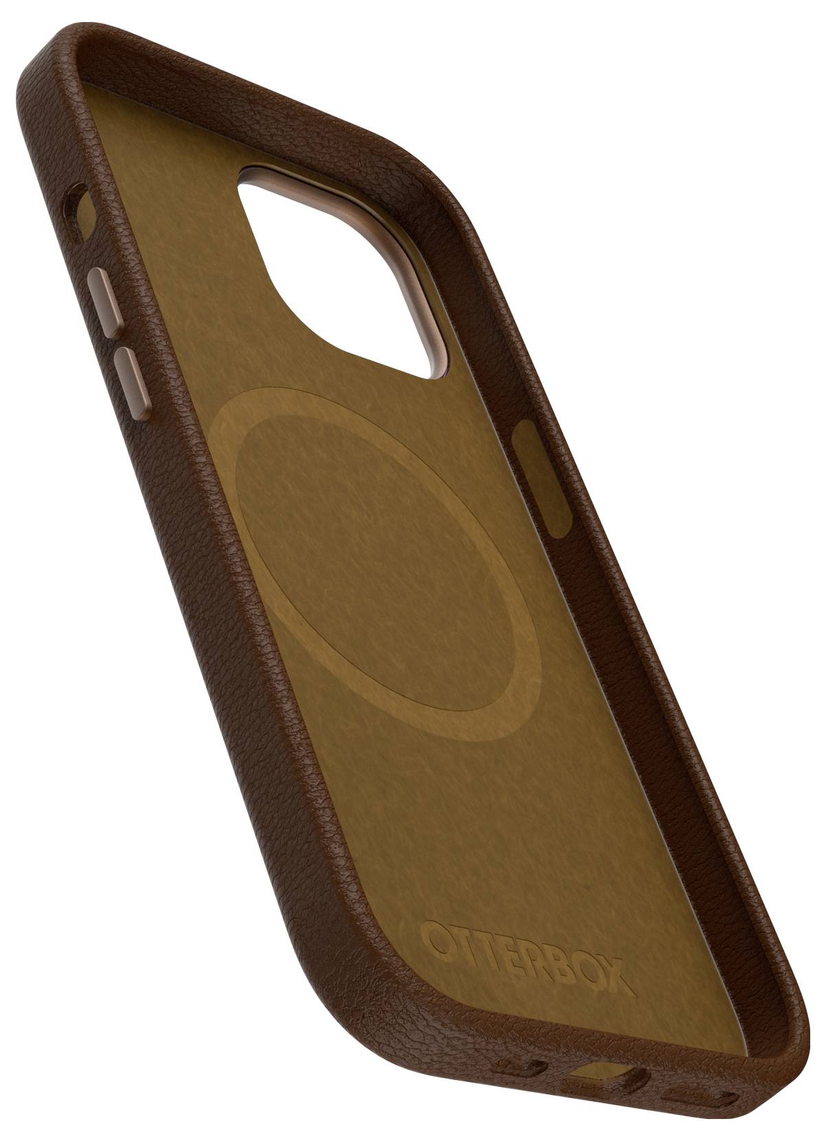 Hnedý Otterbox ochranný kryt na mobil kompatibilný s MagSafe, zobrazený z bočného profilu. Pevný a nárazuvzdorný dizajn pre ochranu a štýl.