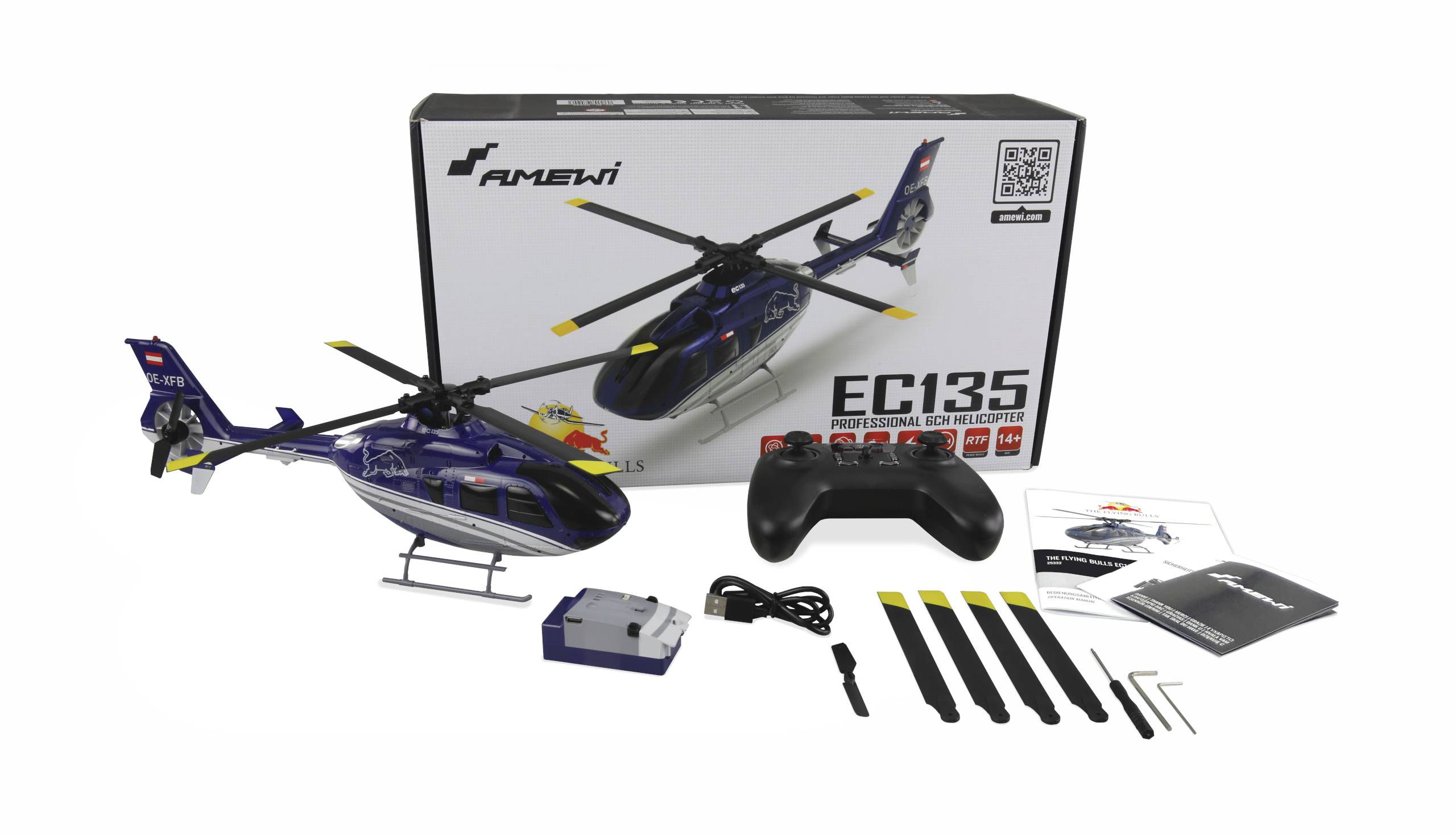 Diaľkovo ovládaný vrtuľníkový model 'EC135' s diaľkovým ovládačom, nabíjačkou, batériami a príslušenstvom usporiadaný pred balením.