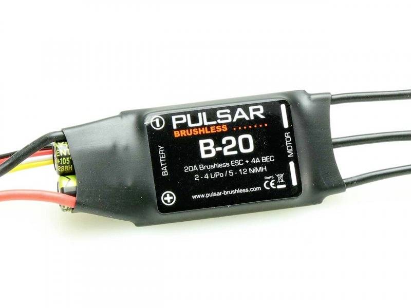 Elektronický regulátor rýchlosti s nápisom 'Pulsar Brushless B-20', vhodný pre 2-4 LiPo alebo 5-12 NiMH akumulátorov.