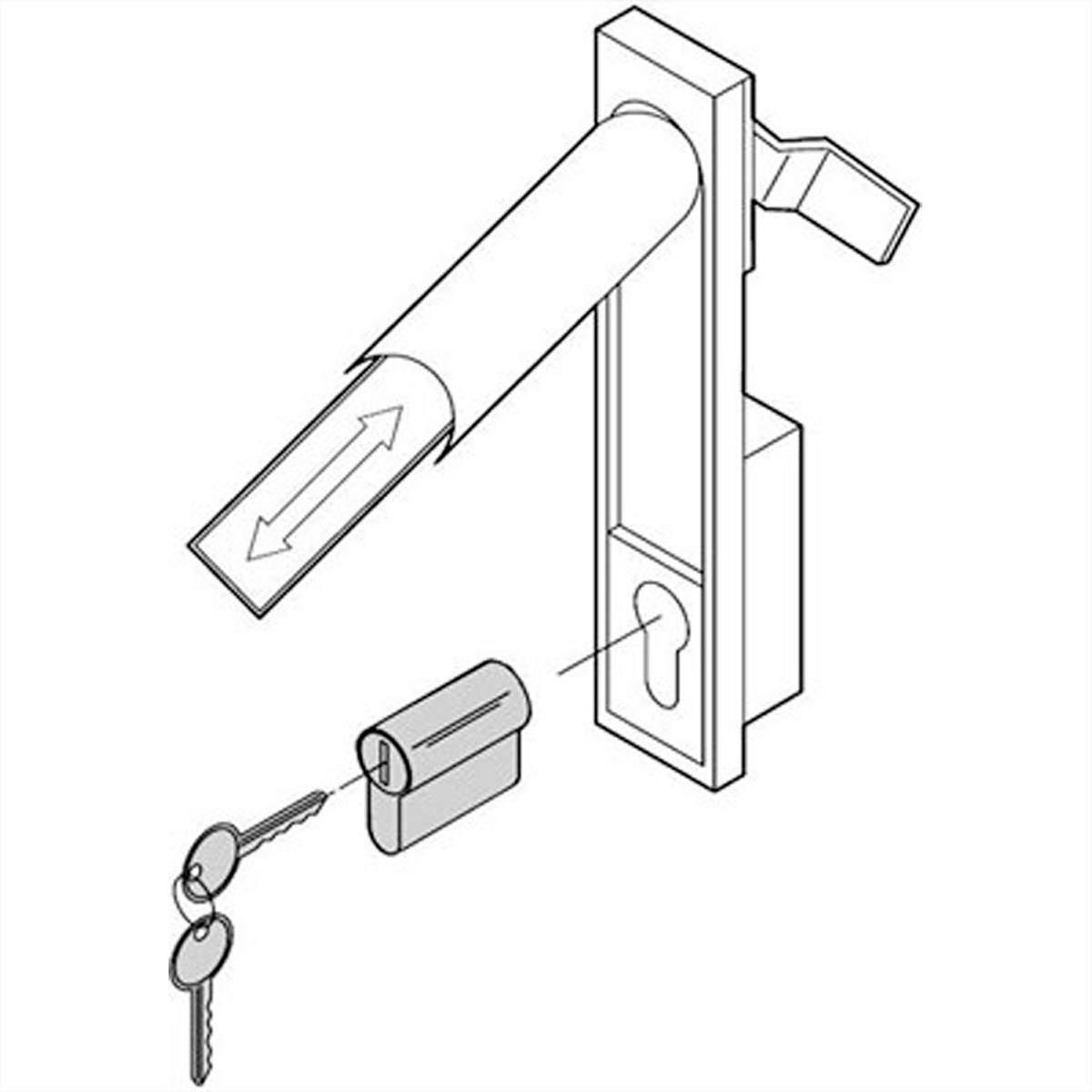 Diagram mechanizmu zamykania dverí s cylindrickou vložkou a kľúčom, znázorňujúci smer vloženia a postup zamykania.