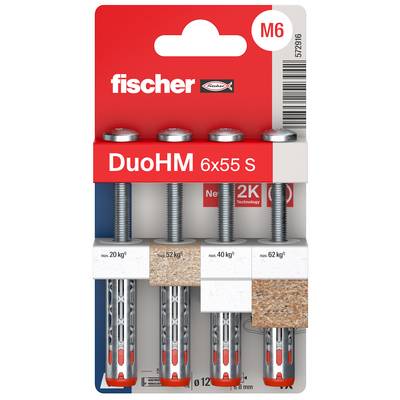 Balenie kotiev Fischer DuoHM M6x55 S do steny, ktoré zobrazuje štyri kotvy s rôznymi základnými materiálmi a nosnosťou až do 62 kg.