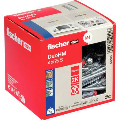 Sada kotiev do steny Red Fischer DuoHM 4x55 S v krabici s viditeľnými kovovými kotvami, označené M4 a 25x.