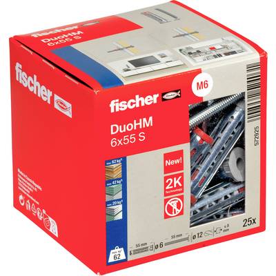 Krabica s rozperným kottvou Red Fischer DuoHM 6x55 S na stenu s viditeľnými skrutkami M6, označená 25x.