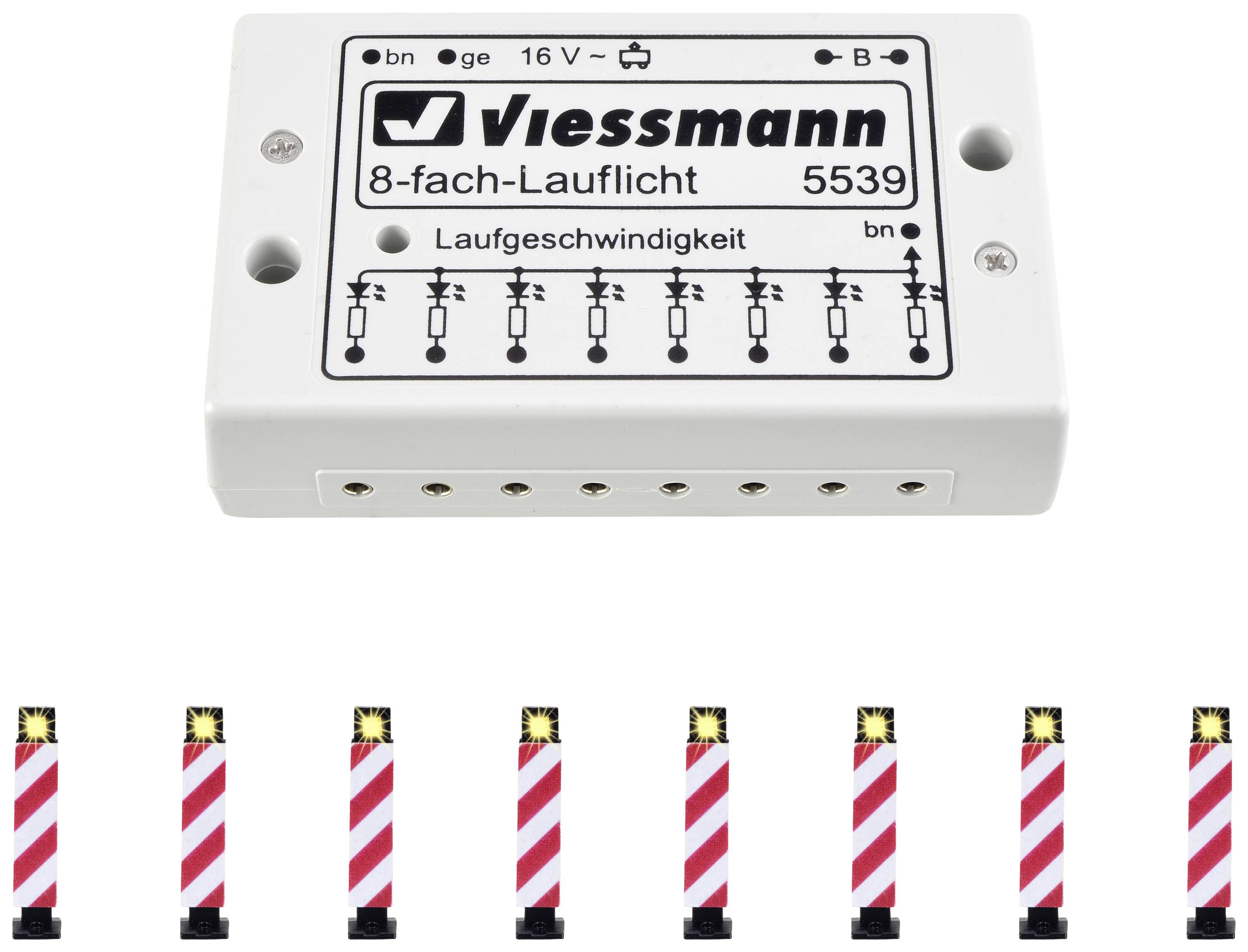 'Viessmann 8-násobný svetelný modul 5539' na ovládanie svetelných sekvencií. Zobrazuje polohy prepínačov a pripojenia. Dole osem svetelných signálov.