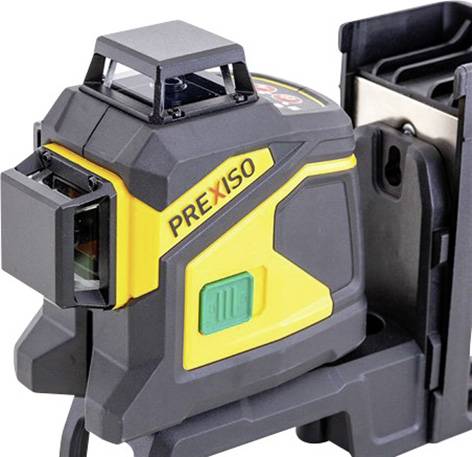 Laserový projekčný nástroj v čiernej a žltej farbe, so zeleným zapínacím tlačidlom, namontovaný na stole, určený na presné merania.