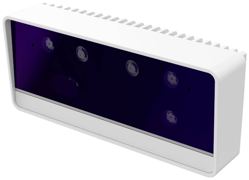Obdĺžnikové biele elektronické zariadenie s tmavým predným panelom a viacerými senzorom, pravdepodobne kamera alebo senzorické zariadenie.