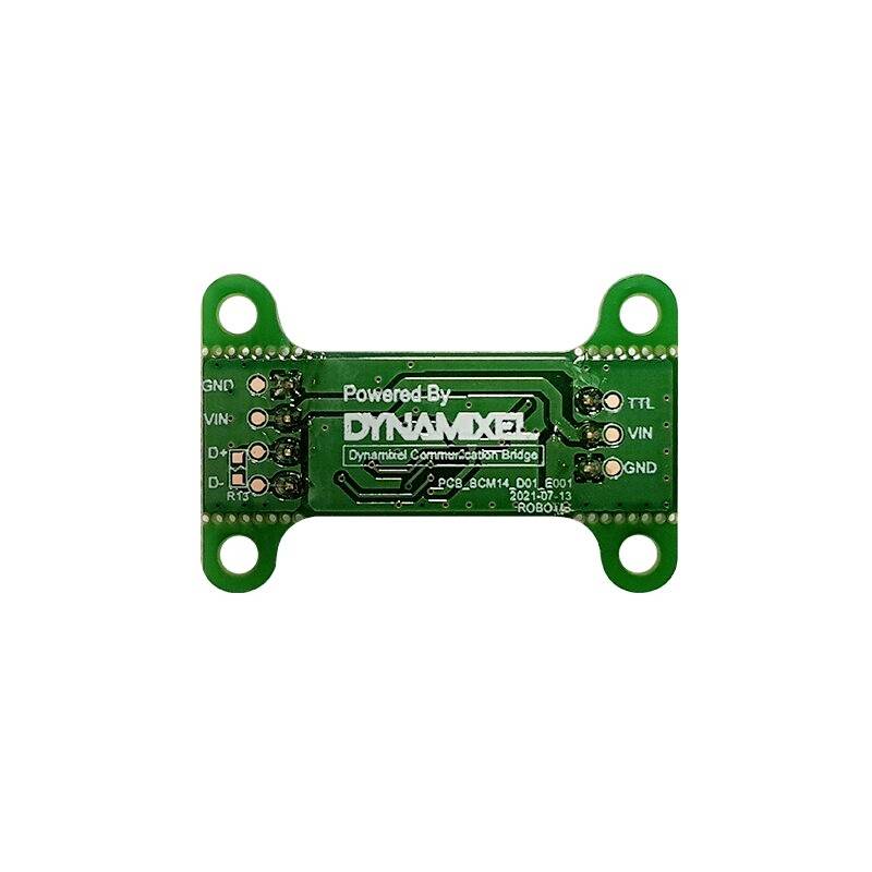 Na zelenej doske plošných spojov je napísané „Powered by DYNAMIXEL", ktorá má pripojenia pre GND a VIN, pravdepodobne ide o elektronický modul.