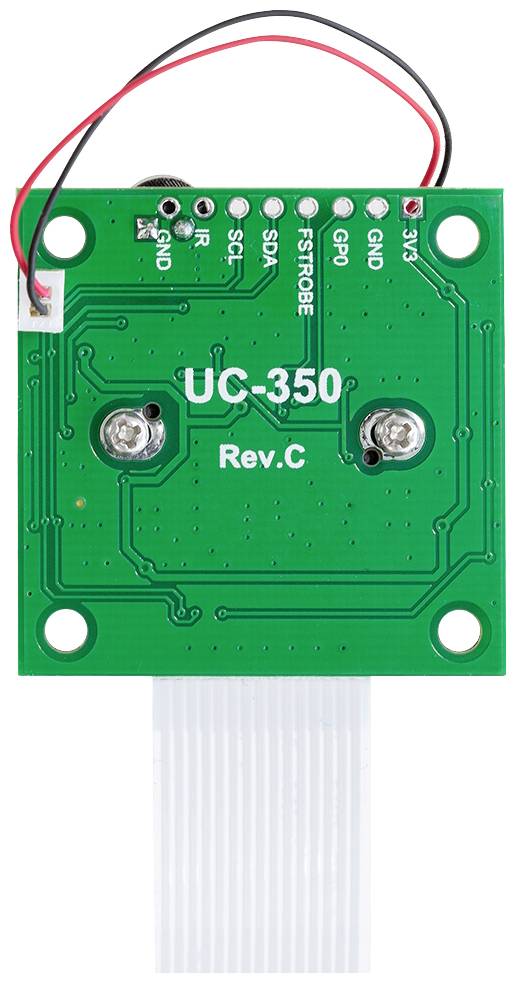Zelená doska plošných spojov s nápisom 'UC-350 Rev.C'. Sú viditeľné dve skrutky a niekoľko elektronických konektorov.