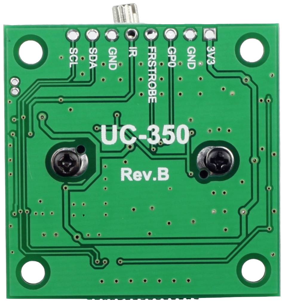 Zelená elektronická doska plošných spojov s nápisom 'UC-350 Rev.B'. Zobrazuje konektory a vodivé cesty na povrchu.